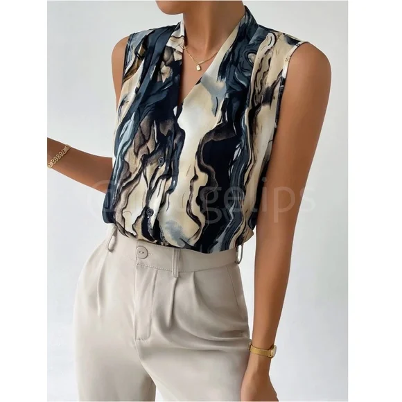 Marble Print Button Down Collared Sleeveless Blouse Top - Picture 7 of 11